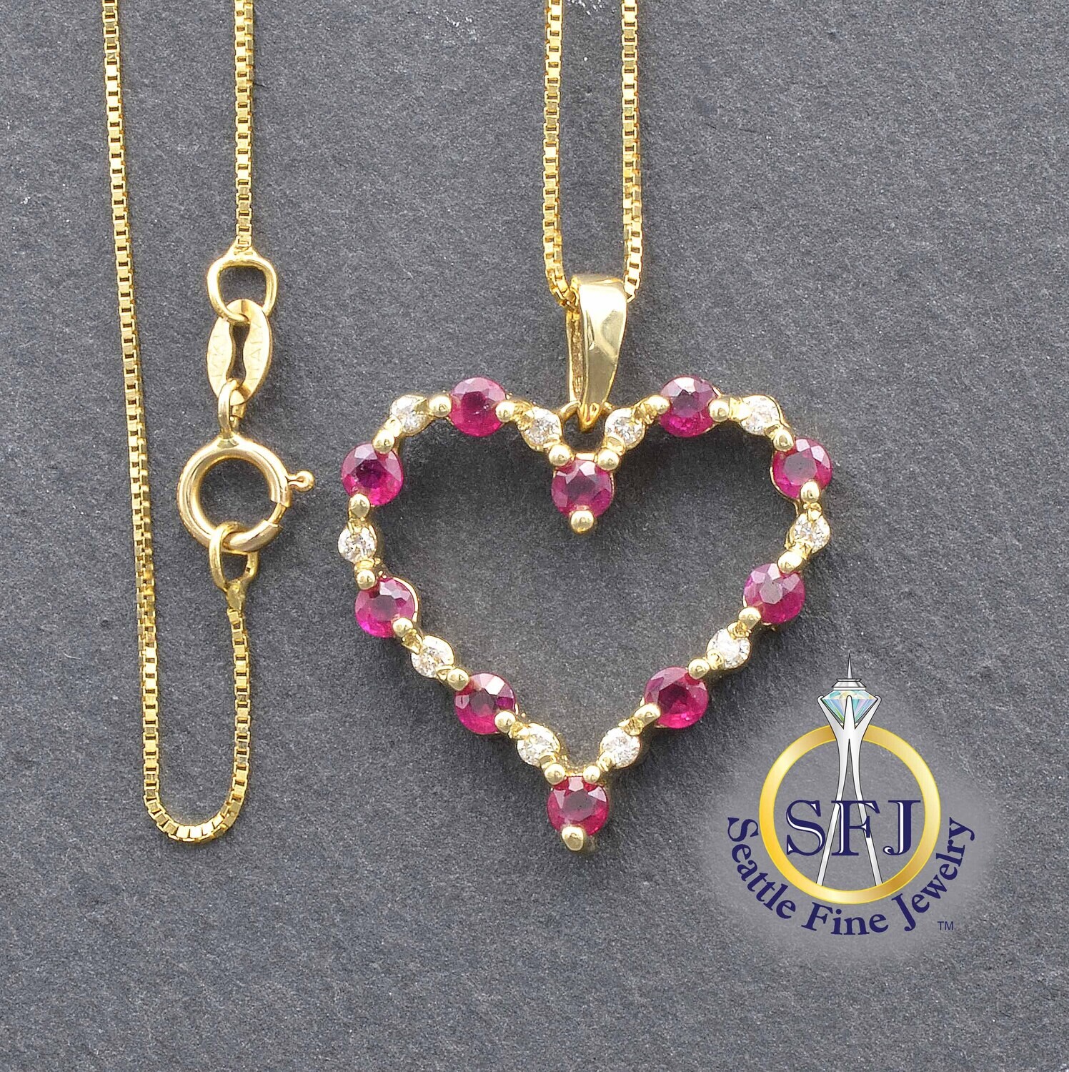 Heart Ruby and Diamond Necklace, 14K Solid Yellow Gold Box Chain
