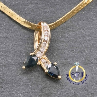 Sapphire and Diamond Necklace on Herringbone Chain, 14K Solid Yellow Gold