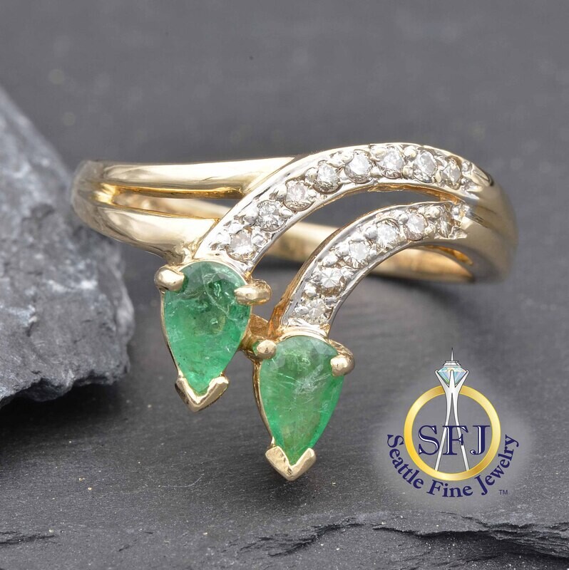 Pear Emerald and Diamond Double-Bypass Ring 14K Solid Yellow Gold