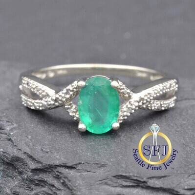 Emerald and Diamond Ring 10K Solid White Gold