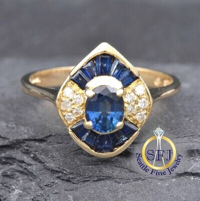 Antique Sapphire and Diamond Cluster Ring 14K Solid Yellow Gold