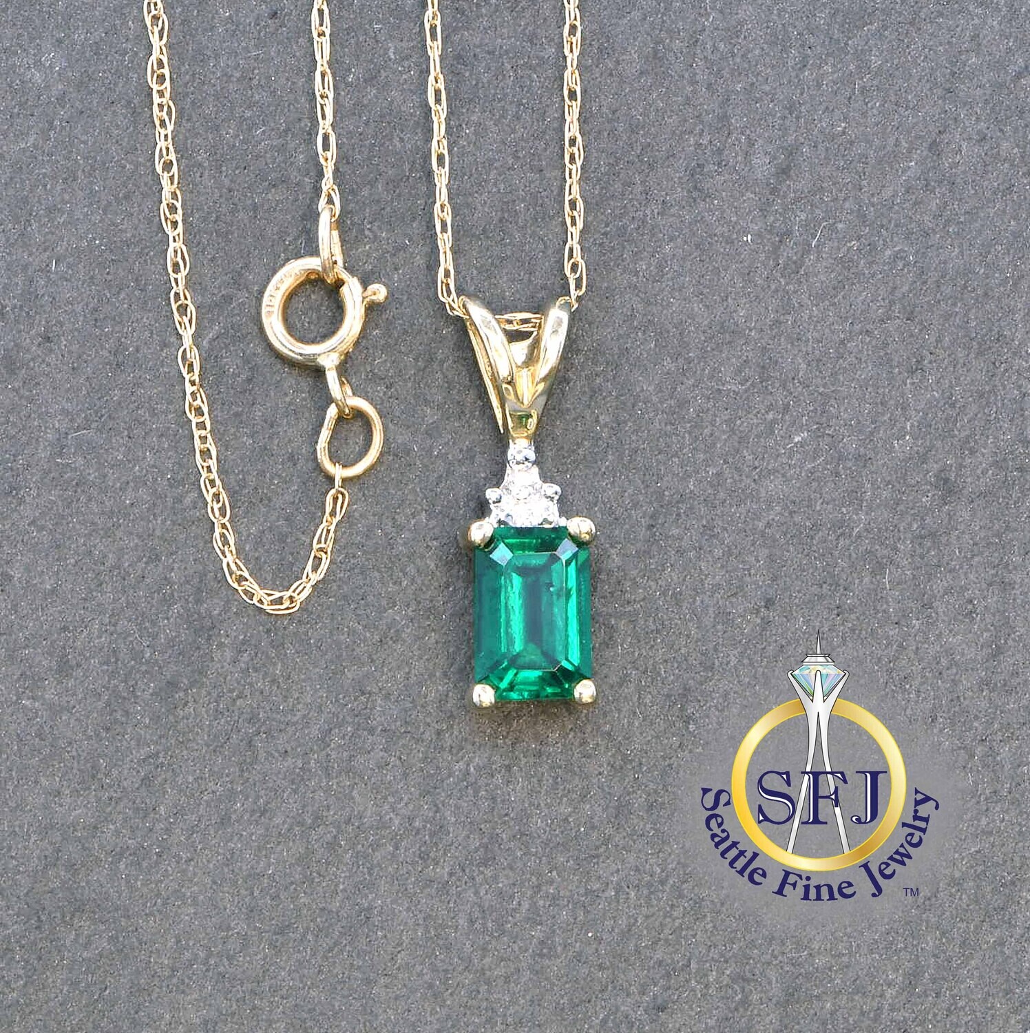 Emerald and Diamond Necklace 10K Solid Yellow Gold