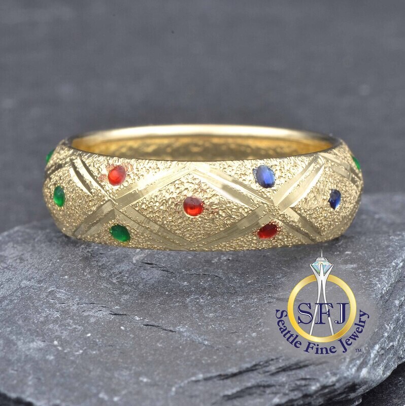 Textured Gold and Colorful Enamel Dots Ring, Solid 10K Yellow Gold