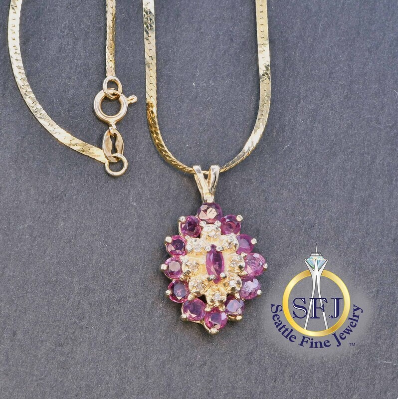 Marquise Ruby and Diamond Halo Pendant Necklace on Herringbone Chain, 14K Solid Yellow Gold