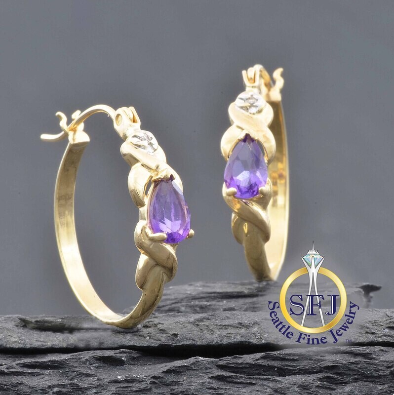 Amethyst and Diamond Hoop Earrings, 14K Solid Yellow Gold