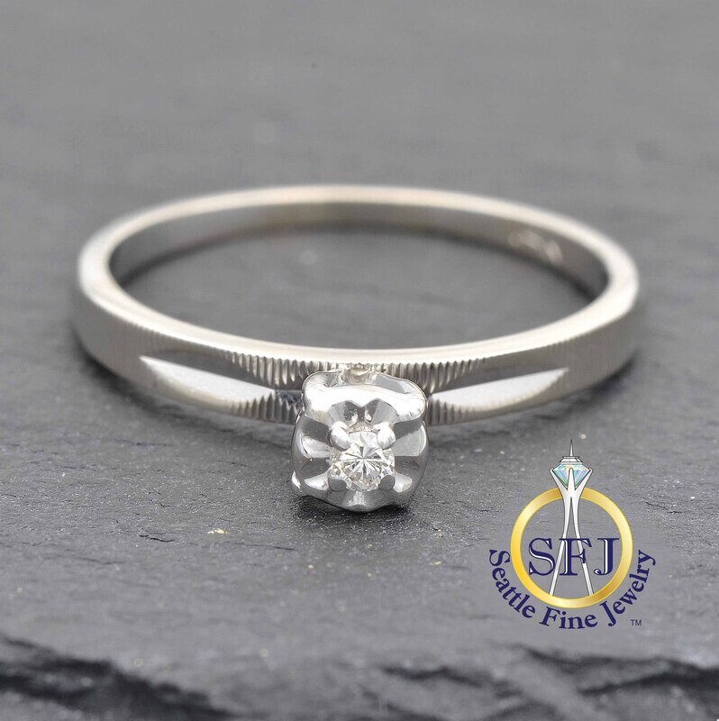 Diamond Solitaire Dainty Ring, 14K Solid White Gold