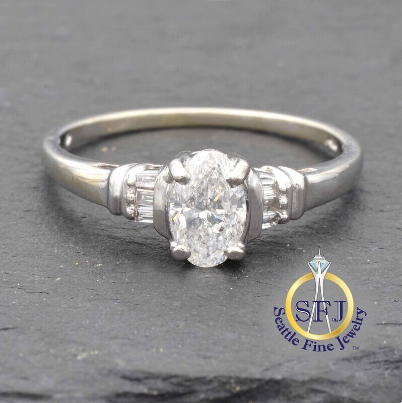 Oval Diamond with Baguette Diamond Accents Ring, 14K Solid White Gold