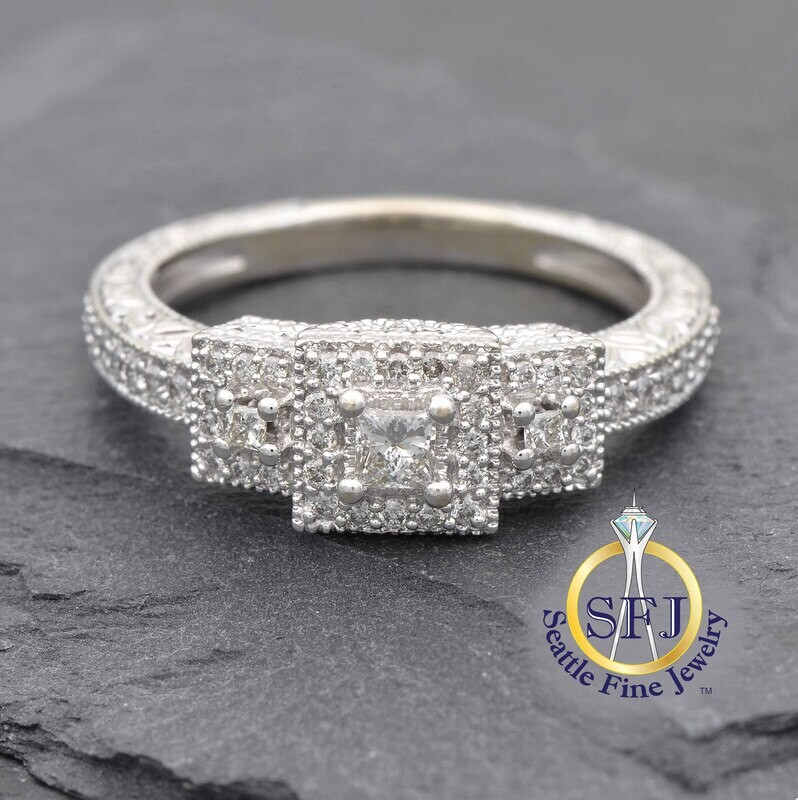 Diamond Square Halo Cluster Ring, 14K Solid White Gold