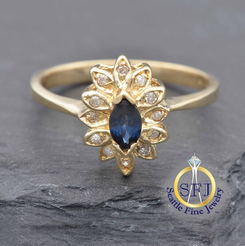 Marquise Sapphire and Diamond Halo Ring, 14K Solid Yellow Gold