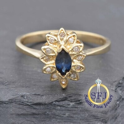 Sapphire and Diamond Halo Ring 14K Solid Yellow Gold