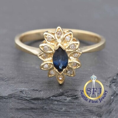 Marquise Sapphire and Diamond Halo Ring, 14K Solid Yellow Gold