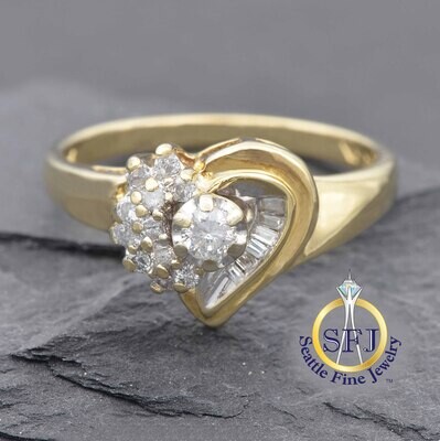 Diamond Cluster Heart Ring 14K Solid Yellow Gold