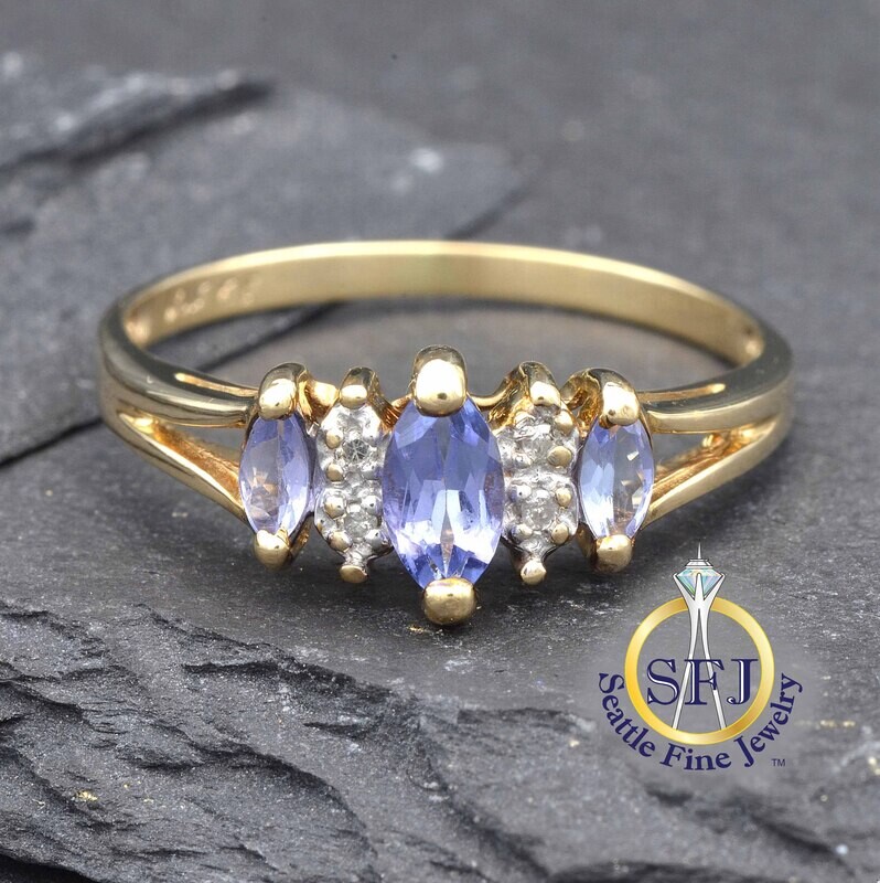 Marquise Tanzanite and Diamond 3-Stone Ring, Solid 10K Yellow Gold