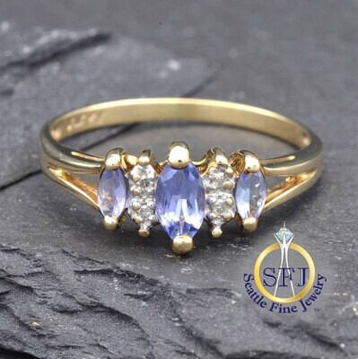 Marquise Tanzanite and Diamond 3-Stone Ring, Solid 14K Gold