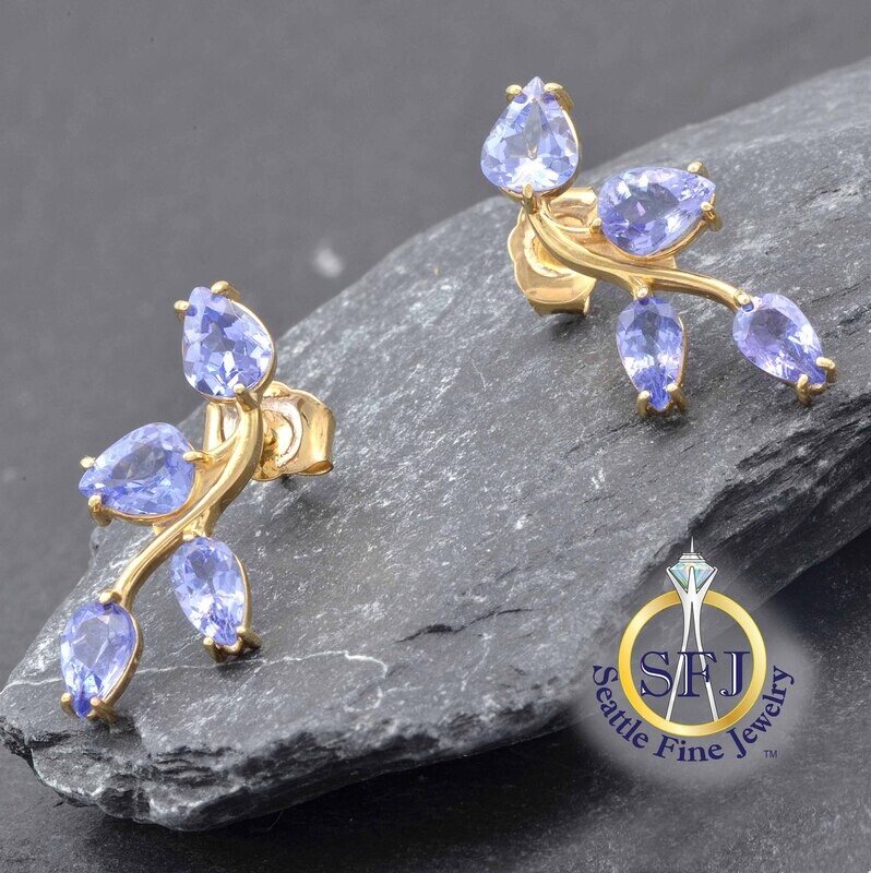 Pear Tanzanite Botanical  Cluster Earrings, Solid 14K Yellow Gold