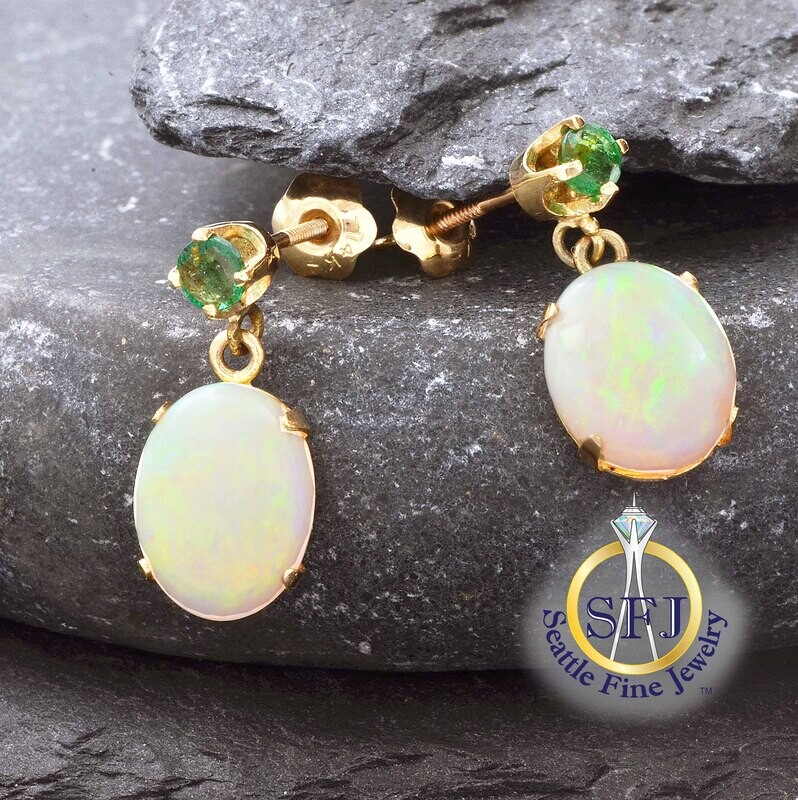 Opal and Emerald Drop Earrings, Solid 14K Yellow Gold