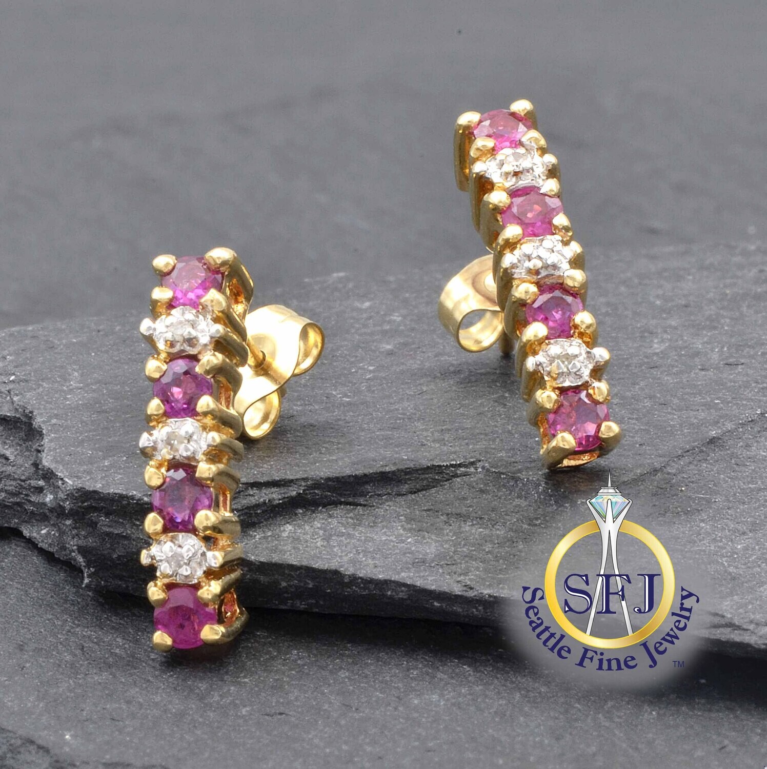 Ruby and Diamond Drop Bar Earrings, 14K Solid Yellow Gold