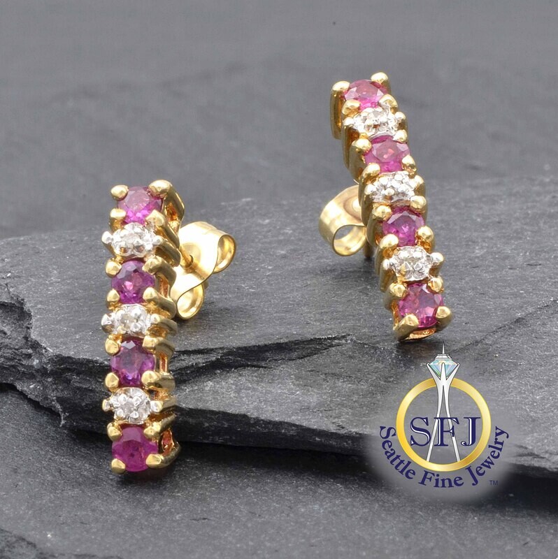 Ruby and Diamond Drop Bar Earrings, 14K Solid Yellow Gold