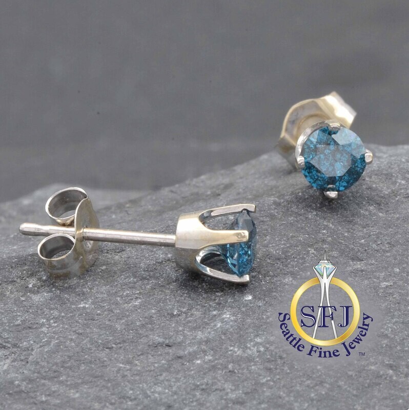 1/2 Carat Blue Diamond Stud Earrings 14K Solid White Gold