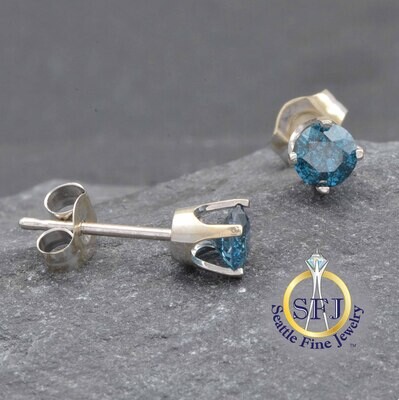 1/2 Carat Blue Diamond Stud Earrings 14K Solid White Gold
