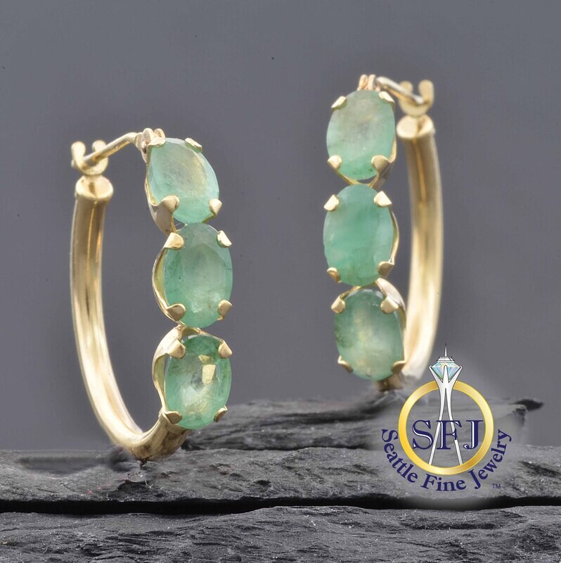 Emerald Hoop Earrings, Solid 14K Yellow Gold