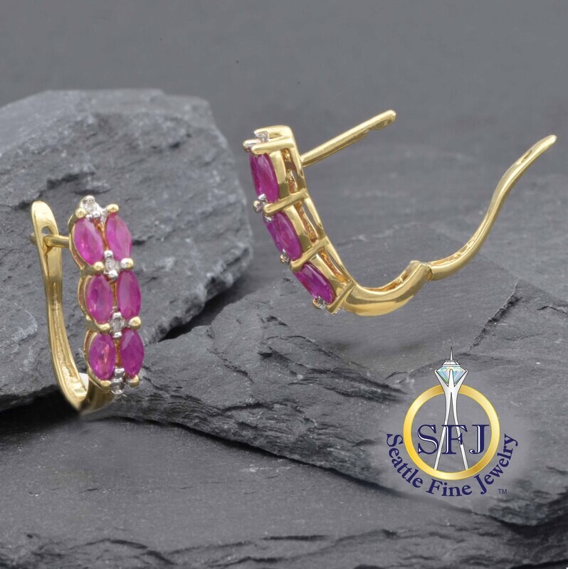 Marquise Ruby and Diamond Hoop Earrings, Solid 10K Yellow Gold