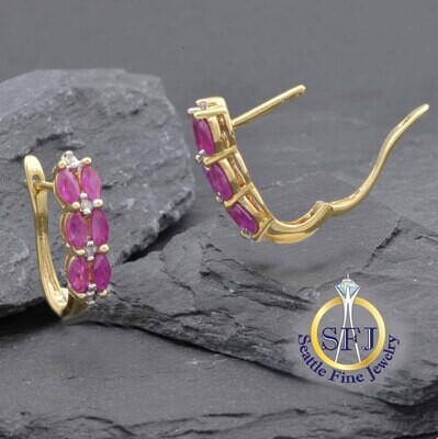 Marquise Ruby and Diamond Hoop Earrings 10K Solid Yellow Gold
