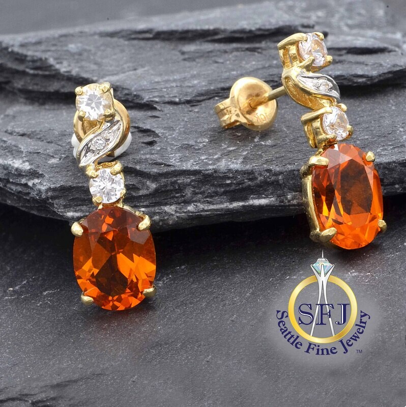Orange Sapphire, White Sapphire, and Diamond Drop Earrings. 10K Solid Yellow Gold