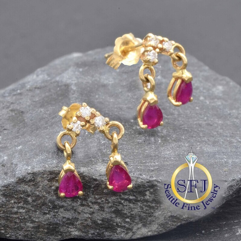 Pear Ruby and Diamond Double-Drop Earrings, 14K Solid Yellow Gold