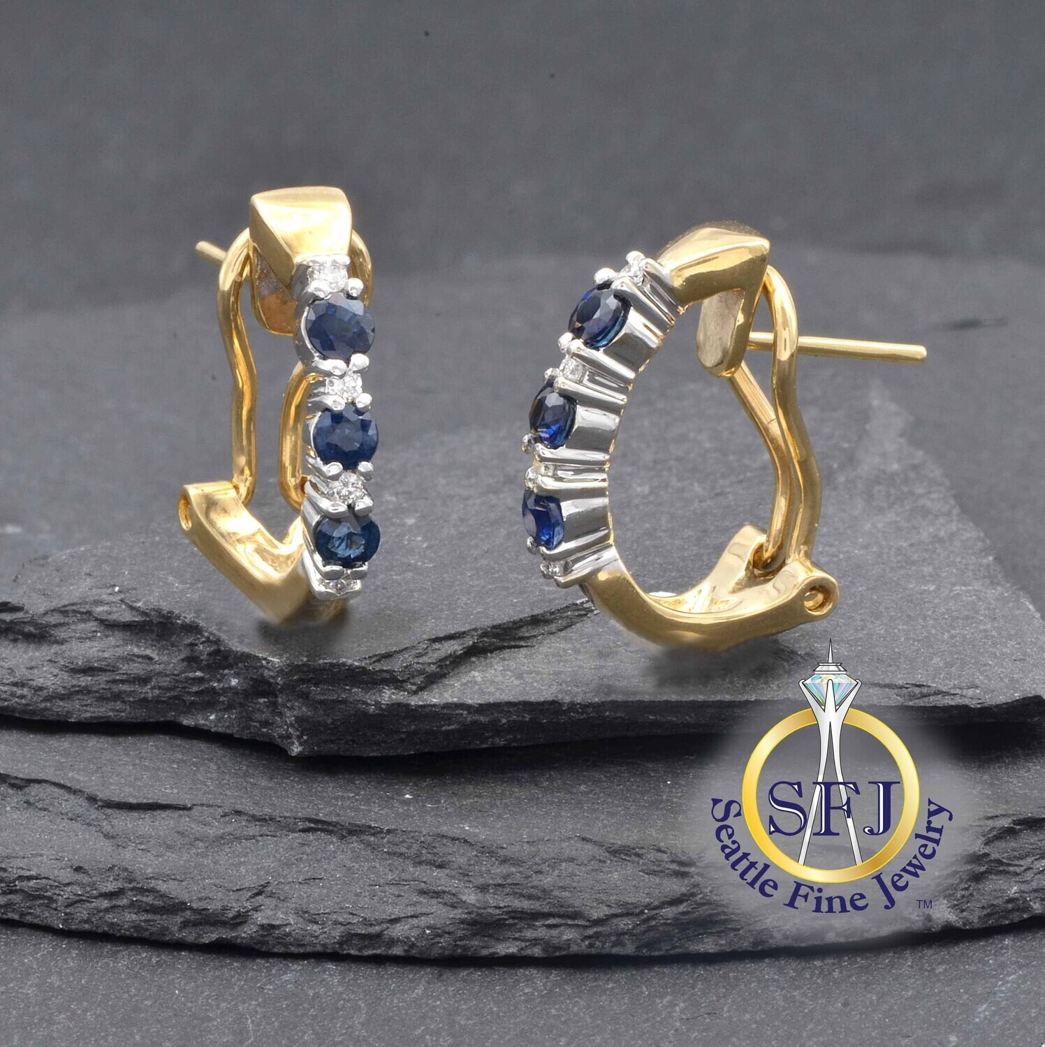 Sapphire and Diamond Omega Back Earrings, 14K Solid Yellow Gold
