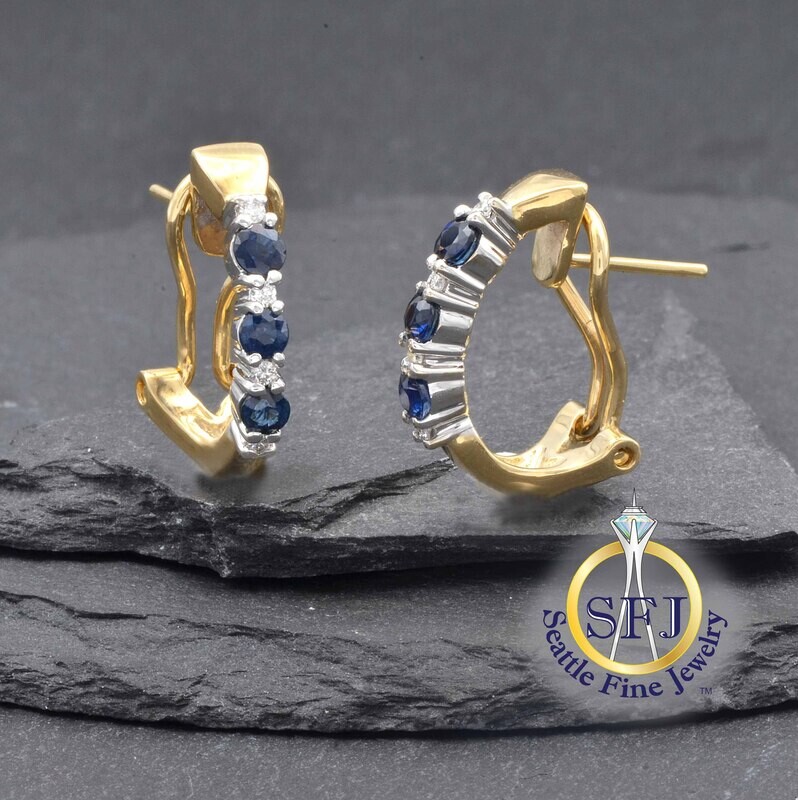 Sapphire and Diamond Omega Back Earrings, 14K Solid Yellow Gold