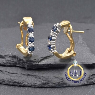 Sapphire and Diamond Earrings 14K Solid Yellow Gold