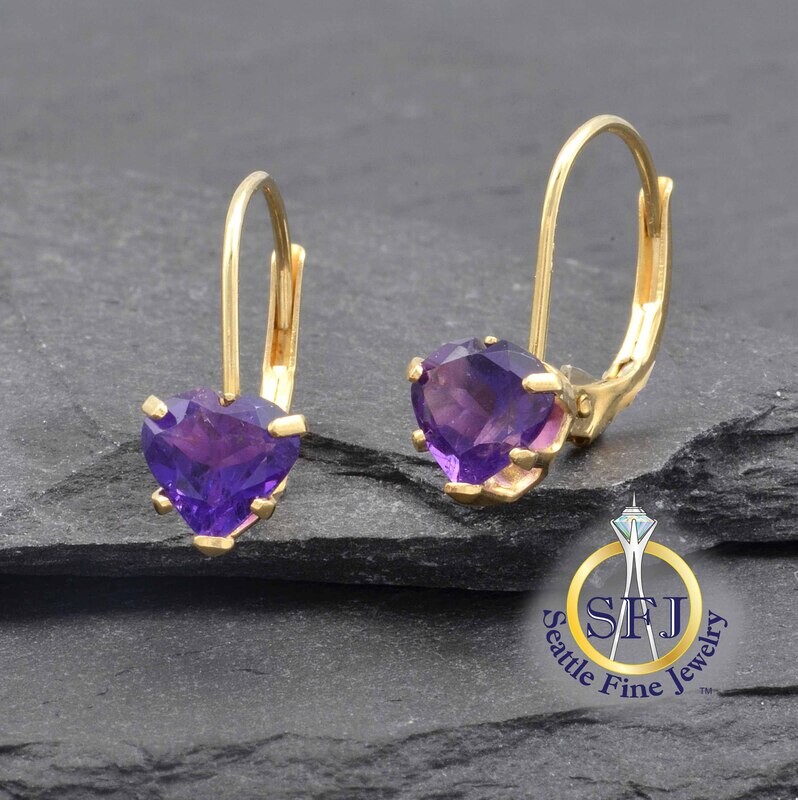 Heart Amethyst Leverback Earrings, 10K Solid Yellow Gold