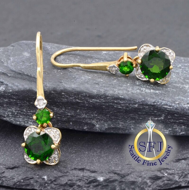 Chrome Diopside and Diamond Earrings, 10K Solid Yellow Gold