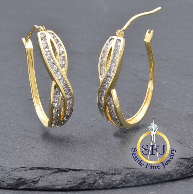 Diamond Wavy Half-Hoop Earrings, 10K Solid Yellow Gold