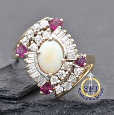 Opal, Ruby, and Diamond Halo Ring, Cocktail Ring, Solid 14K Yellow Gold