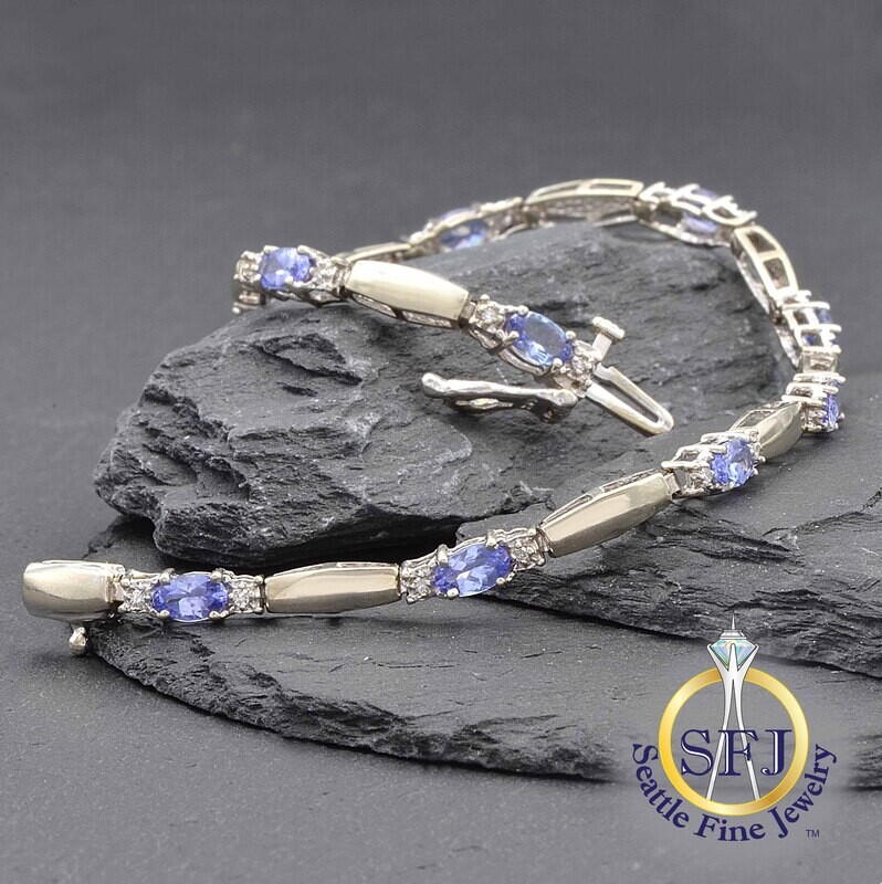 Tanzanite and Diamond Link Bracelet, 10K Solid White Gold