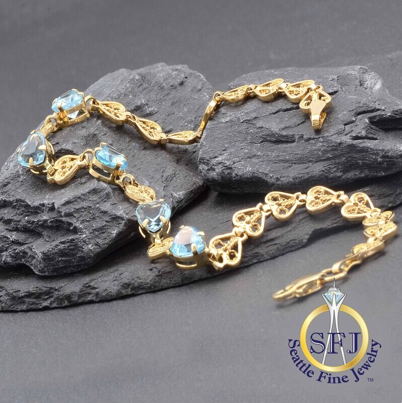 Heart Blue Topaz & Heart Link Bracelet, 10K Solid Yellow Gold