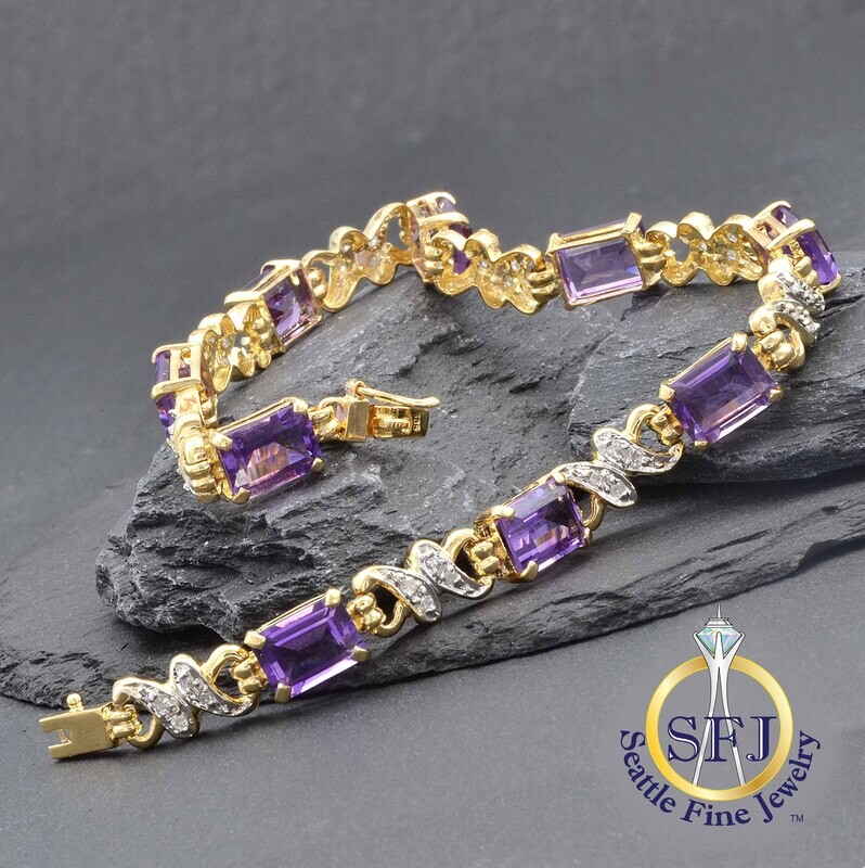 Amethyst and Diamond Fancy Link Bracelet, 14K Solid Yellow Gold