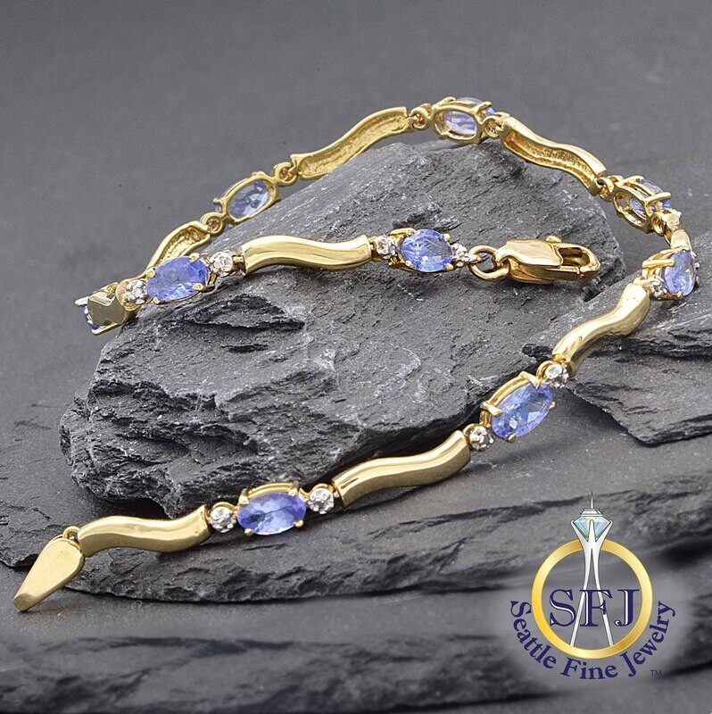 Tanzanite Wave Link Bracelet, 14K Solid Yellow Gold