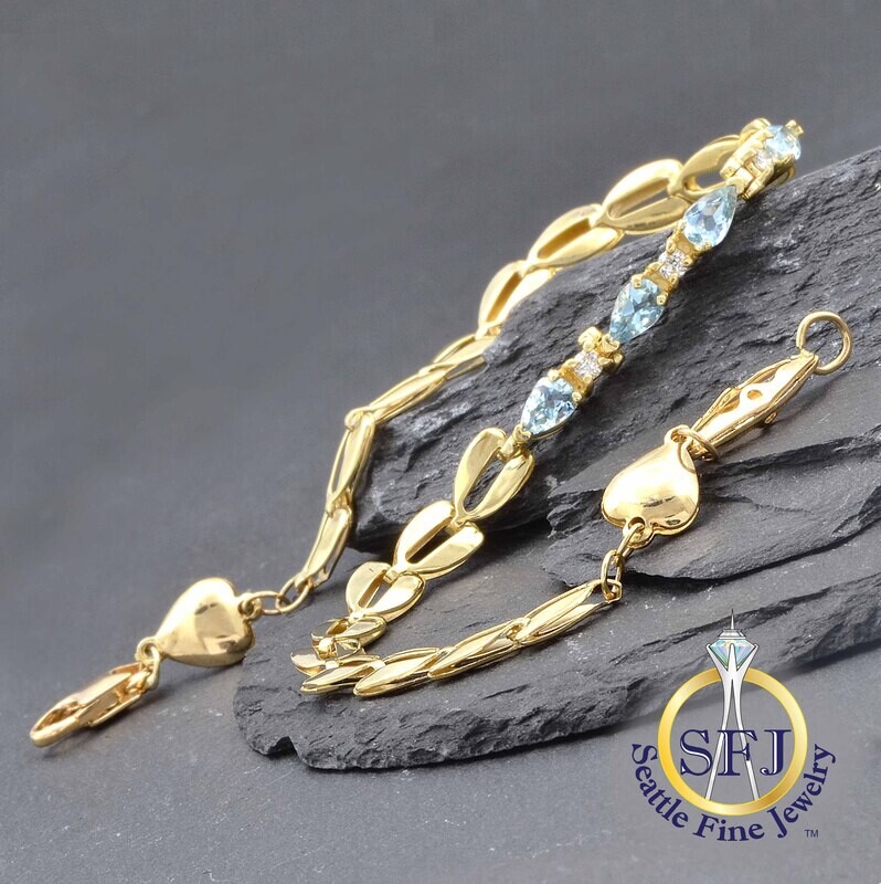 Aquamarine and Diamond Fancy Link & Heart Bracelet, 14K Solid Yellow Gold