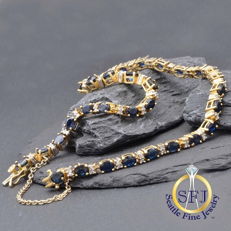 Sapphire and Diamond Tennis Bracelet, 14K Solid Yellow Gold