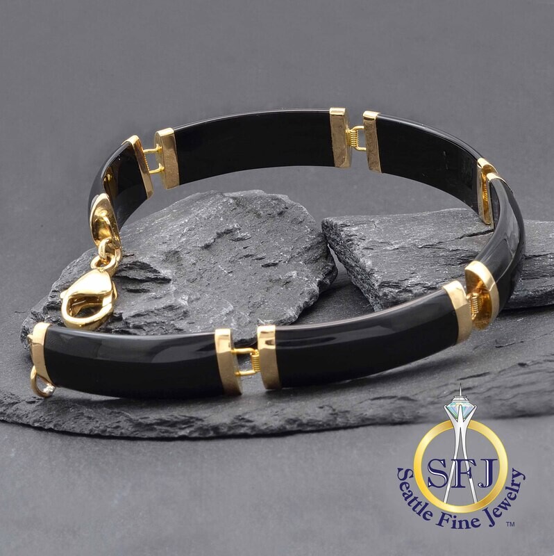 Black Chalcedony Onyx Curved Link Bracelet, 14K Solid Yellow Gold