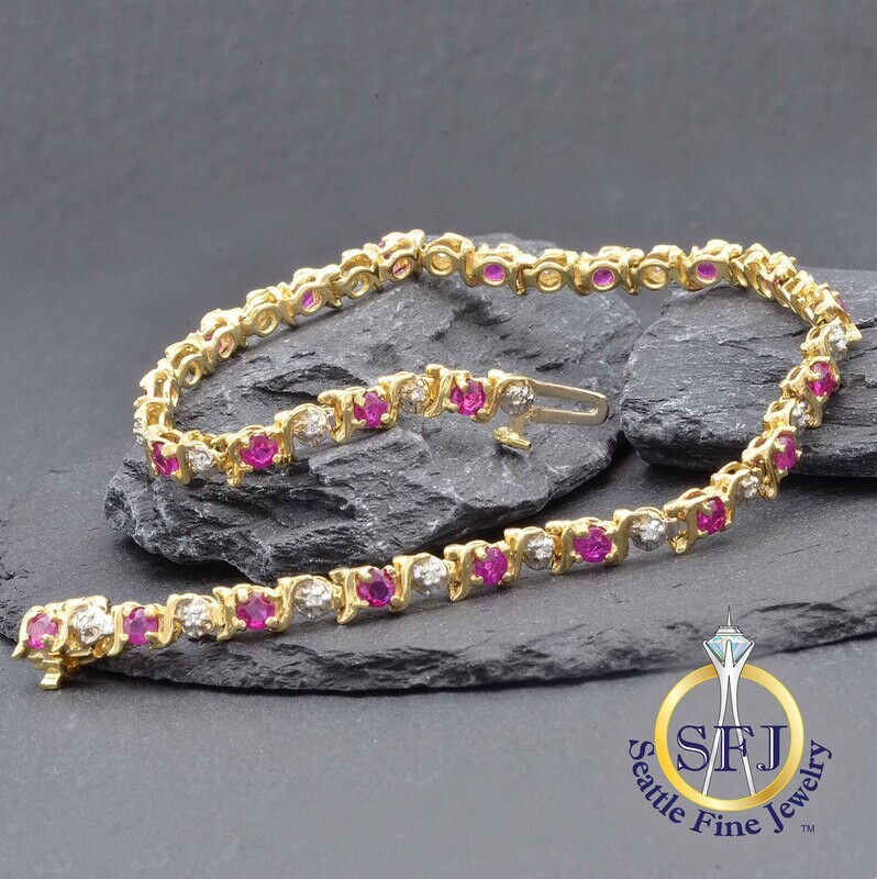 Ruby and Diamond S-Link Tennis Bracelet, Solid 14K Yellow Gold
