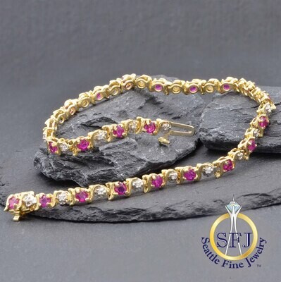 Ruby and Diamond Tennis Bracelet, Solid 14K Yellow Gold