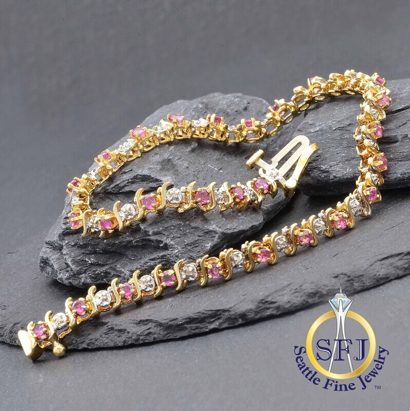 Ruby and Diamond Tennis Bracelet, 10K Solid Yellow Gold