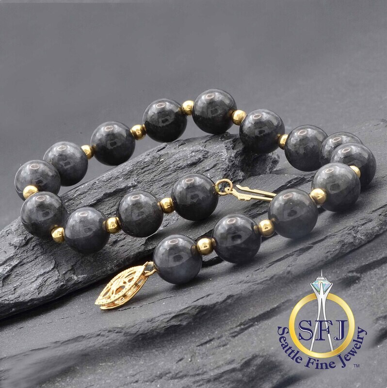Black Jade Bracelet, 14K Solid Yellow Gold