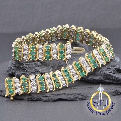 Emerald and Diamond Wide S-Link Bracelet, Solid Yellow Gold