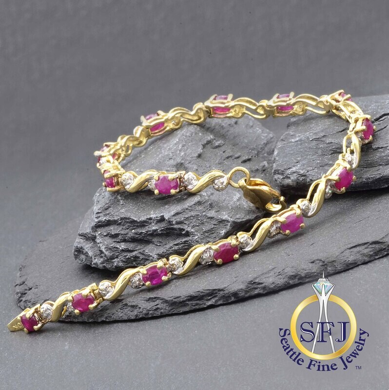 Ruby and Diamond S-Link Bracelet, Solid 10K Yellow Gold