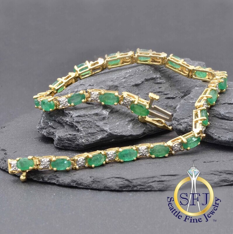 Emerald and Diamond Tennis Bracelet, 14K Solid Yellow Gold